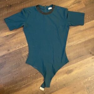 ALIX NYC Turquoise Blue Green Mikoh Bodysuit Leather Lambskin Black Trim
